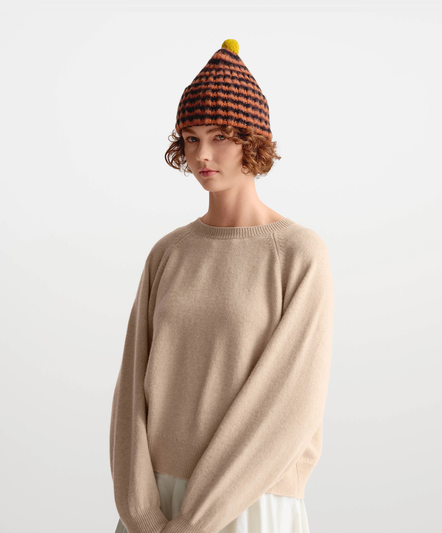 Jo Gordon-Brushed Ribbed Striped Hat // Black+Iron Oxide